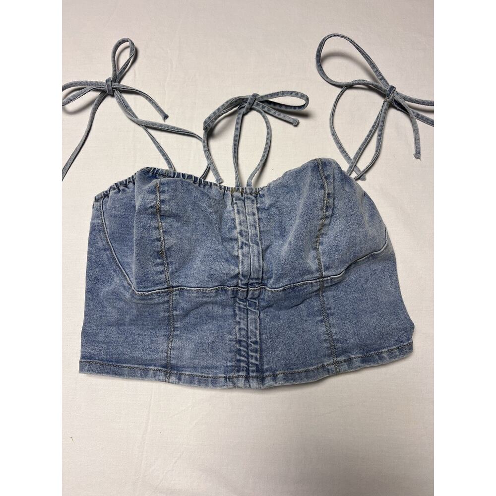 Love Soho Denim Corset Top Juniors 11 Y2K Bustier Crop Tie Strap Blue Festival
